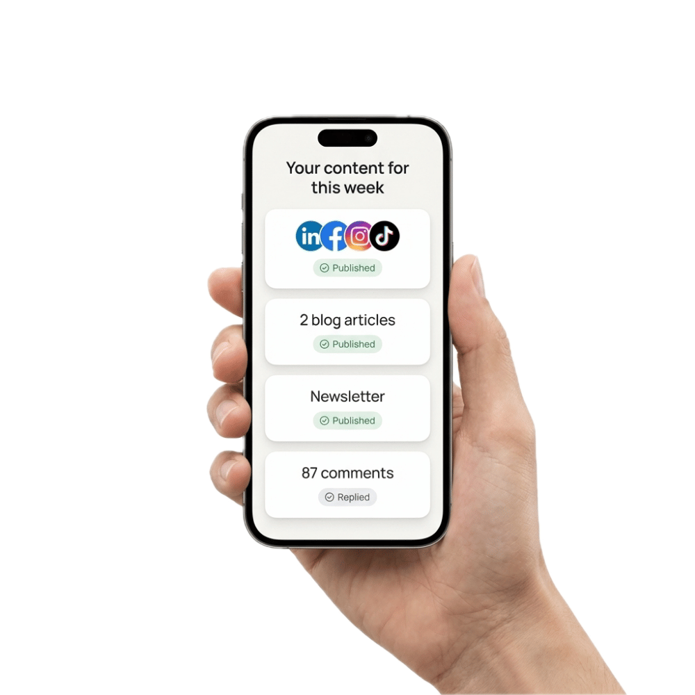 Hand holding phone showing weekly content dashboard